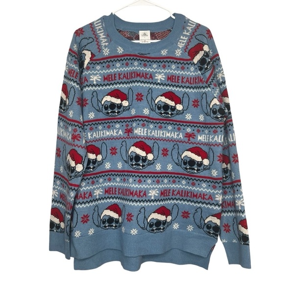 Disney Stitch Melé Kalikimaka Blue Christmas Sweater Holiday Size Large - Picture 1 of 11
